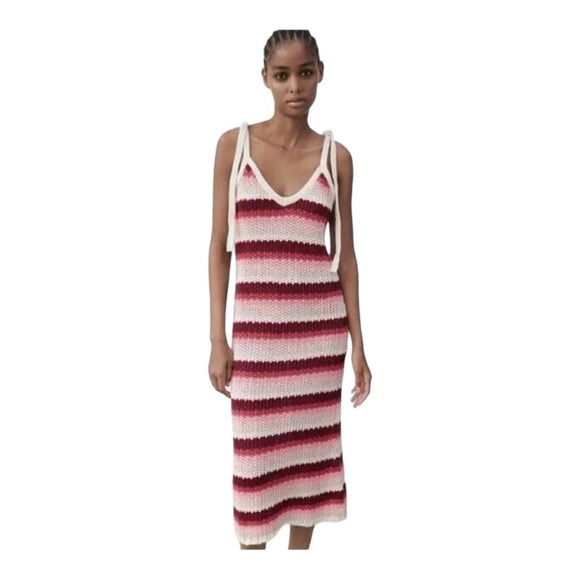 Zara Dresses & Skirts - ZARA Red Pink And Cream Striped Crochet Dress Limited Edition, Size M